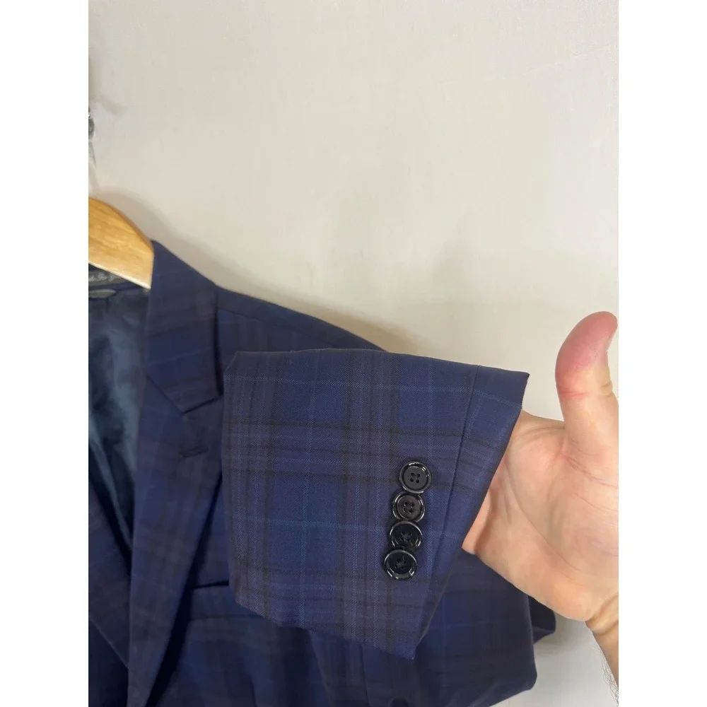Indochino Mens 36 Navy Blue Plaid 100% Wool Peak 2-Button Blazer Suit Jacket